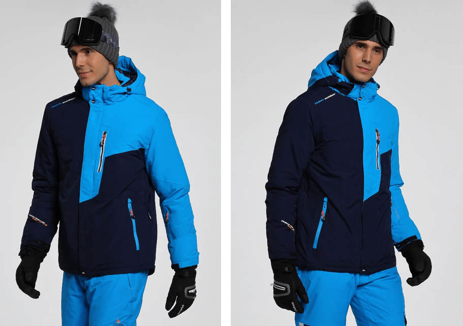Men's ski jacket with detachable hood, fleece lining, and blue-black color blocks. Windproof and waterproof for low temperatures.
